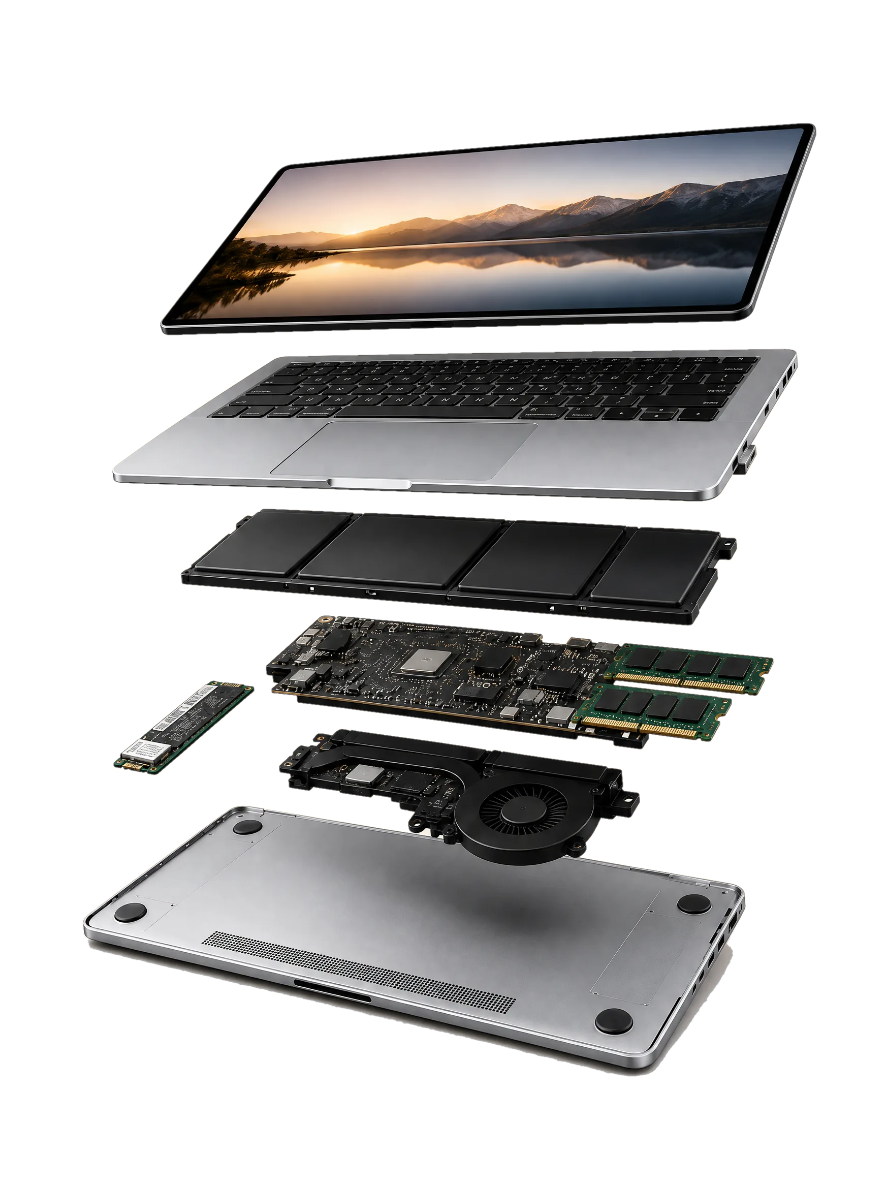 Exploded view of a laptop showing the screen, keyboard, battery, motherboard with SSD and RAM, and cooling fan